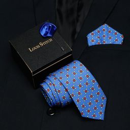 LOUIS STITCH Men Blue Printed Necktie Italian Silk Accessory Gift Set-image-100