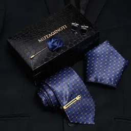 MUTAQINOTI Men Floral Checks Blue Silk Blend Necktie Accessory Gift Set-image-66