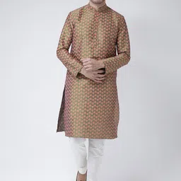 DEYANN Men Floral Printed Dupion Silk Kurta with Churidar-image-33