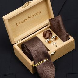 LOUIS STITCH Men Van Dyke Brown Italian Silk Necktie Accessory Gift Set-image-71