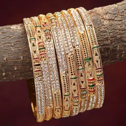 ZENEME Set of 8 Gold-plated Red and Green AD Studded Meenakari Bangles-image-49