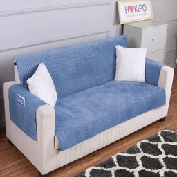HOKIPO Blue 3 Seater Quilted Velvet Sofa Cover With Arms-picture-34
