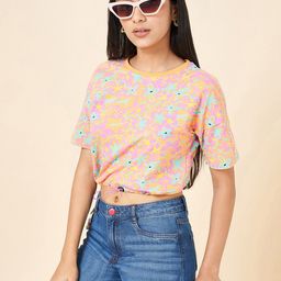 Coolsters by Pantaloons Girls Floral Printed Drop Shoulder Sleeves Crop T-shirt-picture-4