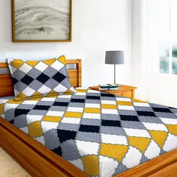 AEROHAVEN Grey & Yellow 210 TC Flat Cotton Single Bedsheet with 1 Pillow Cover-image-81
