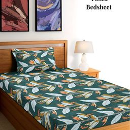 Arrabi Green & Blue Floral 300 TC Single Fitted Bedsheet With 1 Pillow Cover-image-35