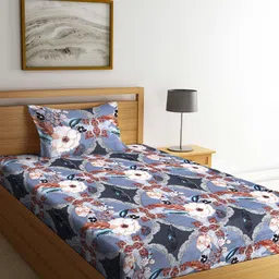 Arrabi Blue Floral 300 TC Single Bedsheet with 1 Pillow Covers-image-65