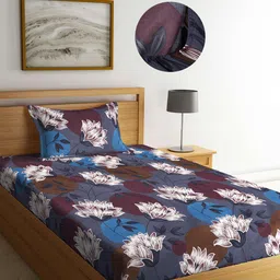 Arrabi Brown & Blue Floral 300 TC Single Cotton Blend Bedsheet with 1 Pillow Cover-image-80