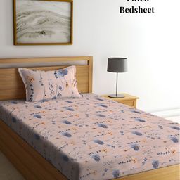 Arrabi Peach & Blue Floral 300 TC Single Fitted Bedsheet With 1 Pillow Cover-image-35