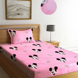 FABINALIV Pink & Black Cartoon Characters 300 TC Single Bedsheet With Pillow Cover-39
