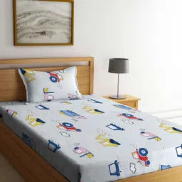 FABINALIV White & Blue Cartoon Characters 300 TC Fitted Single Bedsheet & 1 Pillow Cover-image-24