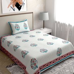Salona Bichona White & Green Ethnic Motifs 120 TC Single Bedsheet with 1 Pillow Covers-image-98