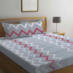 Arrabi Grey & Grey Geometric 300 TC King Size Fitted Bedsheet with 2 Pillow Covers-image-78