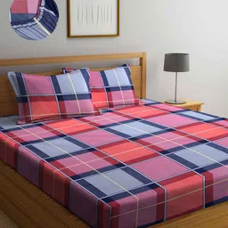 Arrabi Blue & Pink Geometric 300 TC King Bedsheet with 2 Pillow Covers-17
