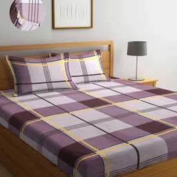 Arrabi Brown & Yellow Checked 300 TC King Bedsheet with 2 Pillow Covers-image-45