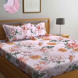 Arrabi Pink & Yellow Floral 300 TC King Bedsheet with 2 Pillow Covers-image-82