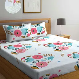 Arrabi Green & White Floral 300 TC King Bedsheet with 2 Pillow Covers-image-97