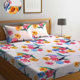 Arrabi Cream-Coloured & Orange Floral 300 TC King Bedsheet with 2 Pillow Covers-30