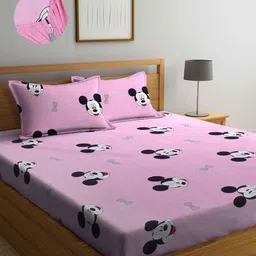 Arrabi Pink & Black Cartoon Characters 300 TC King Bedsheet with 2 Pillow Covers-image-99