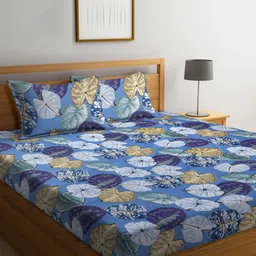 Arrabi Blue & White Floral 300 TC Super King Size Fitted Bedsheet with 2 Pillow Covers-image-65