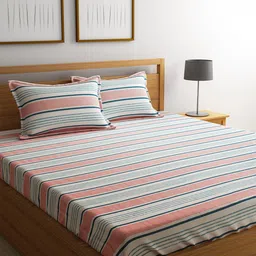 URBAN DREAM Peach-Coloured & White Striped 210 TC Queen Bedsheet with 2 Pillow Covers-picture-7