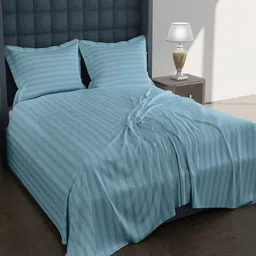AVI Turquoise Striped 250 TC Egyptian Cotton King Bedsheet with 2 Pillow Covers-image-84