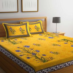 Rajasthan Decor Yellow Floral Flat 144 TC Cotton 1 King Bedsheet with 2 Pillow Covers-22