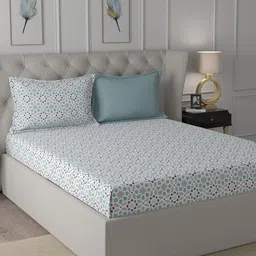In-House by maspar Blue & White Ethnic Motifs 200 TC King Bedsheet with 2 Pillow Covers-image-49