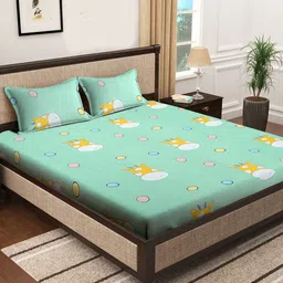 FABINALIV Green & Yellow Cartoon Characters 300 TC Fitted King Bedsheet & 2 Pillow Covers-14