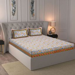 Rajasthan Decor White & Yellow Floral 180 TC King Bedsheet with 2 Pillow Covers-image-85