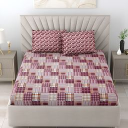 Salona Bichona Purple & White Geometric 300 TC King Bedsheet with 2 Pillow Covers-image-70