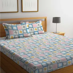 Arrabi White & Pink Geometric Polycotton 300 TC King Bedsheet With 2 Pillow Covers-image-25