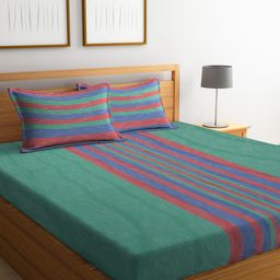 Arrabi Green & Red Striped Cotton 300 TC King Bedsheet with 2 Pillow Covers-image-84