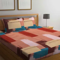 Arrabi Peach-Coloured & Blue 300 TC King Bedsheet with 2 Pillow Covers-14