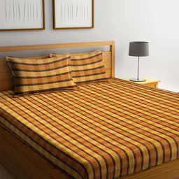 Arrabi Brown & Yellow Geometric 300 TC Cotton Super King Bedsheet With 2 Pillow Covers-image-24