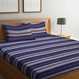 Arrabi Navy Blue & Red Striped 300 TC Cotton King Bedsheet with 2 Pillow Covers-16