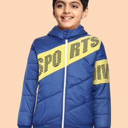Okane Boys Blue & Yellow Typography& Striped Detail Bomber Jacket with Detachable Hood-picture-21