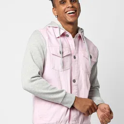 Campus Sutra Men Pink Striped Windcheater Denim Jacket-image-41