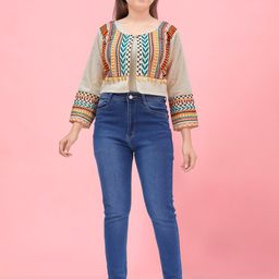 Aarika Girls Self Design Embroidered Lightweight Cotton Crop Tailored Jacket-image-10