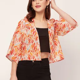 Moomaya Tropical Printed Cotton Cambric Crop Open Front Shrug-55