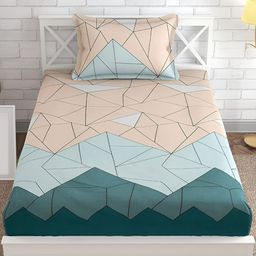 DECOR VATIKA Beige & Blue Geometric 144 TC Single Fitted Bedsheet with Pillow Cover-image-94
