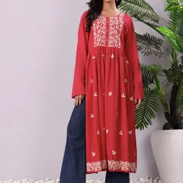 Varanga Floral Embroidered Pleated Cotton A-Line Kurta-picture-48