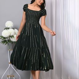 VYMO Striped Puff Sleeve Square Neck Tiered Fit & Flared Midi Dress-image-21