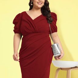 wild U Plus Size Puffed Sleeves Wrap Tulip Dress-46