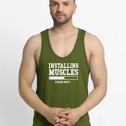 Friskers Men Olive-Green Printed Pure Cotton Gym Vest-24