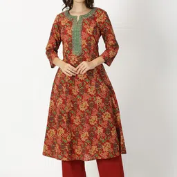 Saffron Threads Floral Printed Flared Sleeves Gotta Patti Pure Cotton Anarkali Kurta-56