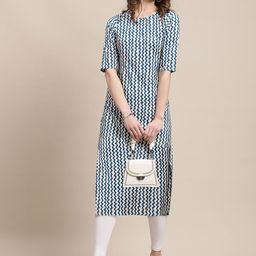 KALINI Women Multicoloured Ethnic Motifs Printed Flared Sleeves Mirror Work Block Print Crepe Kurta-9