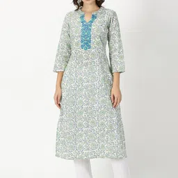 Saffron Threads Floral Printed Thread Work Mandarin Collar Cotton Straight Kurta-image-89