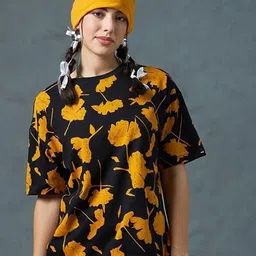 Bewakoof Floral Printed Drop-Shoulder Sleeves Oversized Pure Cotton T-shirt-picture-10
