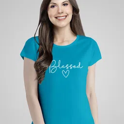 Pootlu Women Turquoise Blue Typography Printed Extended Sleeves Pure Cotton T-shirt-image-84