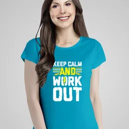 Pootlu Women Turquoise Blue Typography Printed Cotton T-shirt-image-82